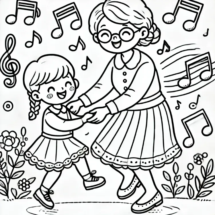 page à colorier montrant une grand mère et son petit enfant dansant ensemble avec des notes de musique tout autour