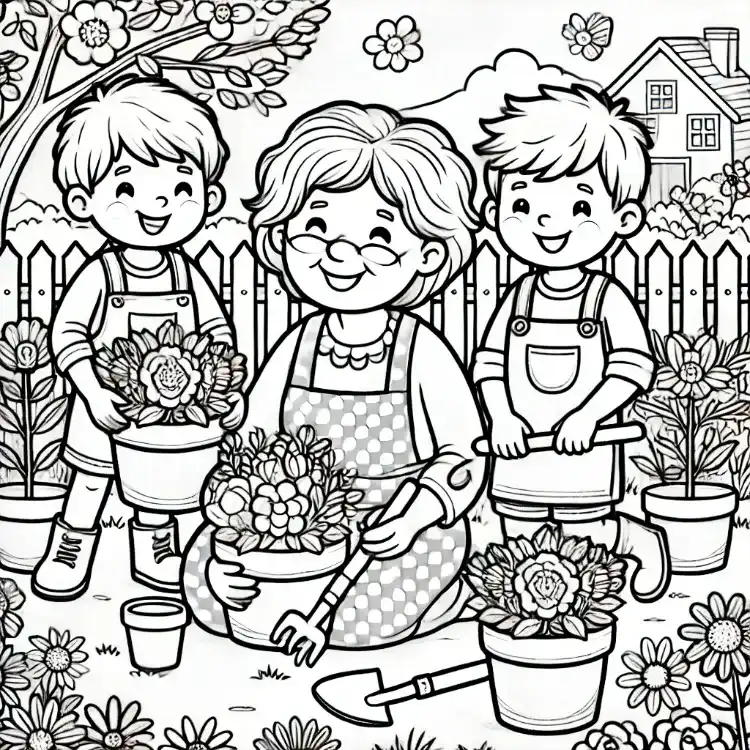 une grand mère et ses deux petits enfants plantant des fleurs dans le jardin