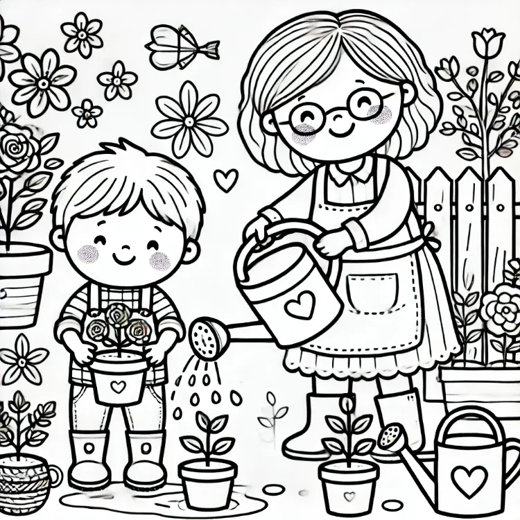 une page à colorier facile montrant une grand mère et son petit enfant arrosant des plantes ensemble dans le jardin