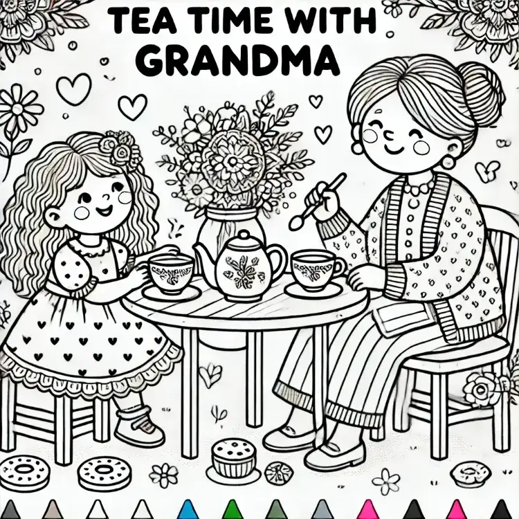 une page à colorier pour enfants avec une grand mère et son petit enfant prenant le thé ensemble