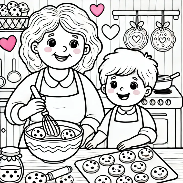 une page de coloriage montrant une grand mère cuisinant des biscuits avec son petit enfant dans une cuisine