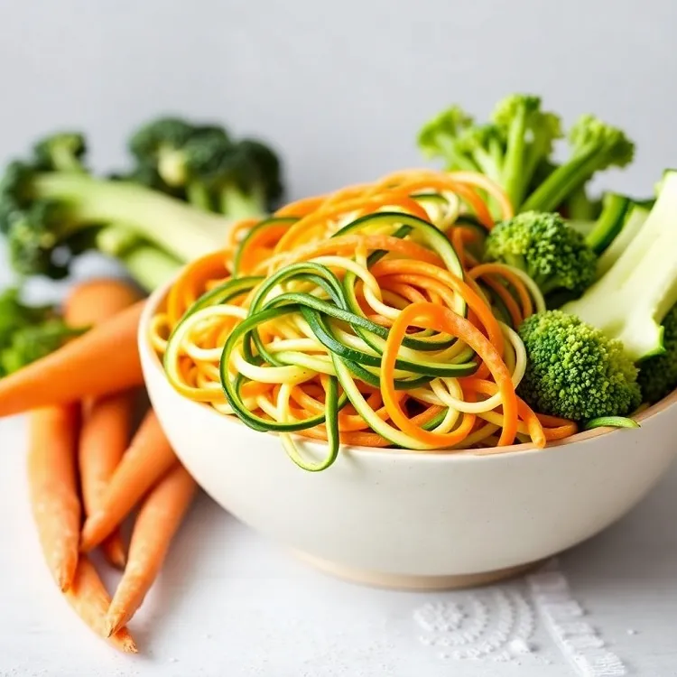 une salade vitaminée à base de carottes courgettes et pied de brocoli en spirales