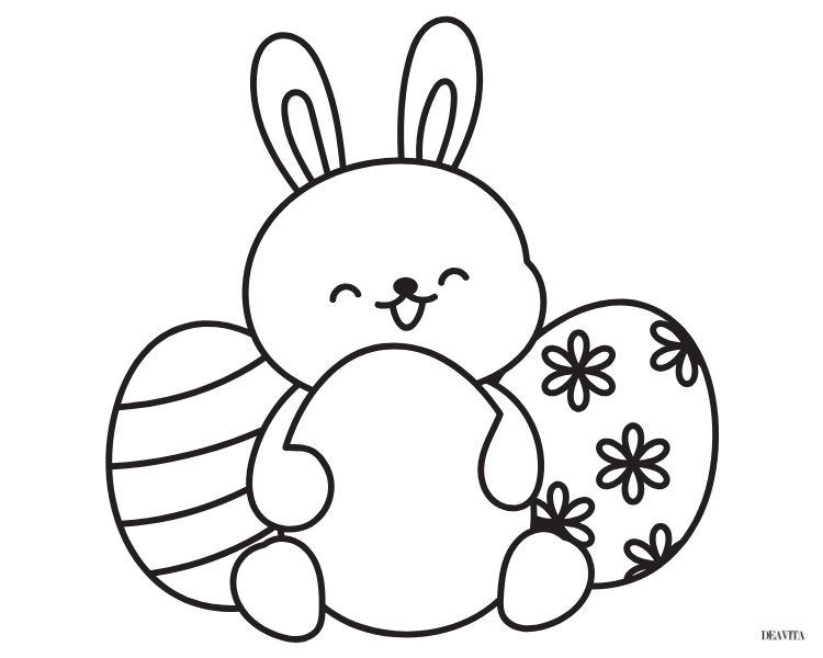 lapin mignon et souriant avec œufs décorés à colorier avec les enfants