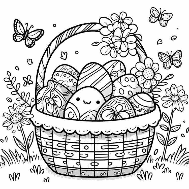 panier rempli d’œufs décorés, entouré de fleurs et de papillons