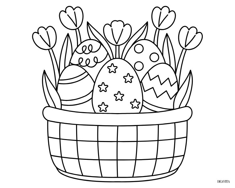 panier rempli d’œufs et de tulipes une belle scène à colorier pour célébrer le printemps