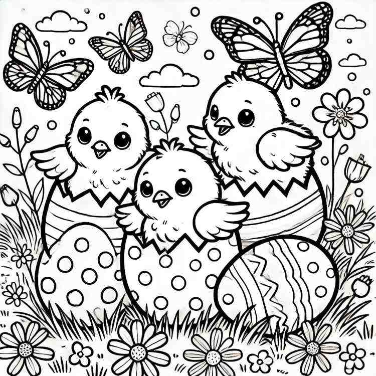 trois adorables poussins qui éclosent de leurs œufs de pâques, entourés de fleurs et de papillons dans une prairie printanière