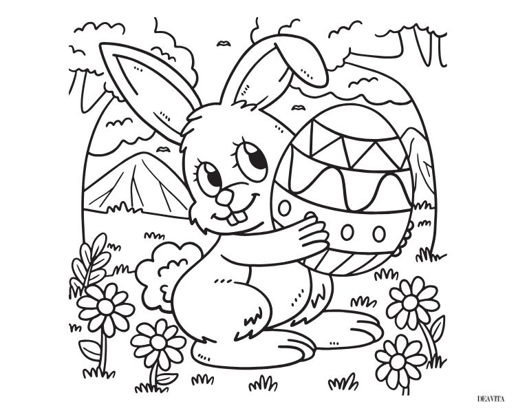 un grand lapin joyeux serre dans ses bras un œuf de pâques géant