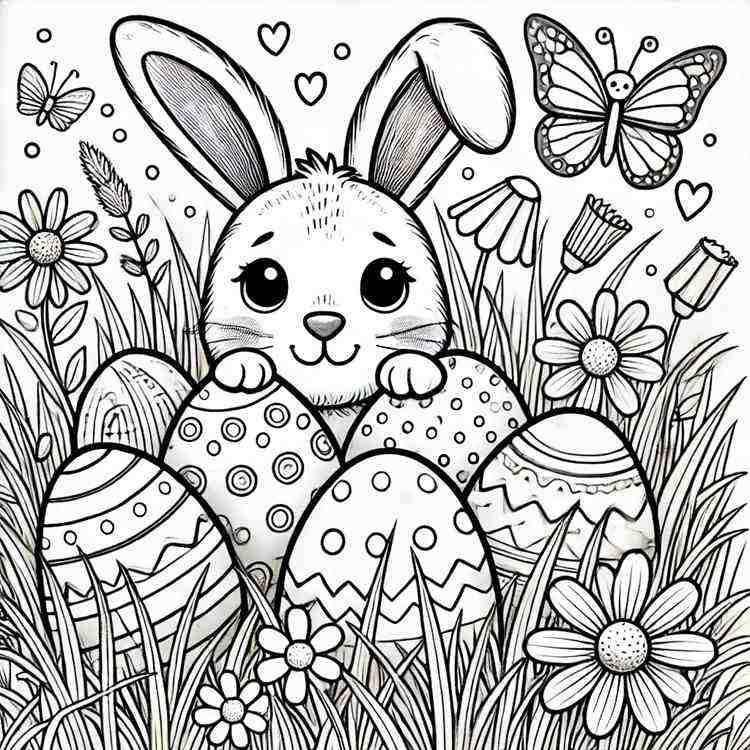 un lapin curieux caché derrière une rangée d'œufs décorés, dissimulés dans les hautes herbes printanières
