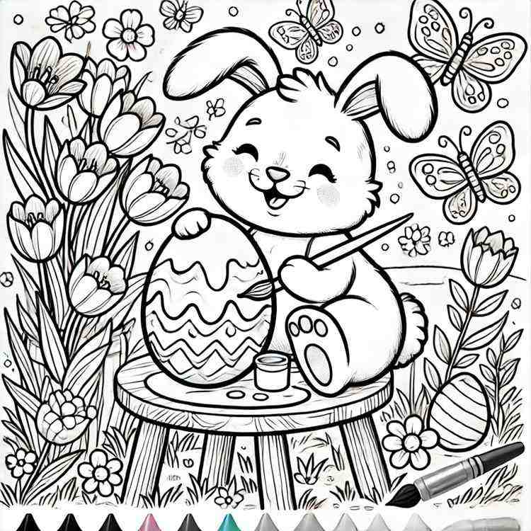 un lapin de pâques souriant en train de peindre un œuf sur une petite table, dans un jardin fleuri