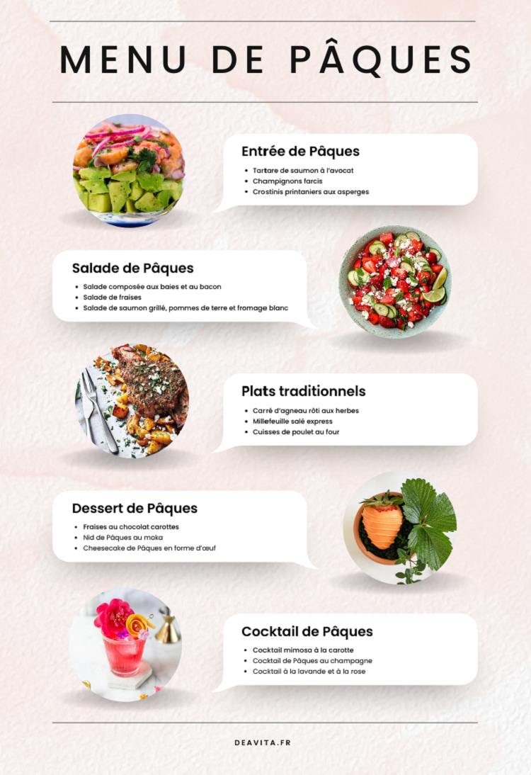 menu de pâques avec entrée salade plat traditionel dessert et cocktail