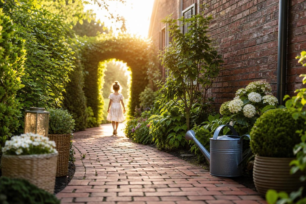 allée façon pavage dans un jardin à l'esprit rustique