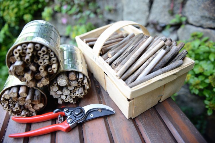 un hôtel à insectes à faire soi même avec des boîtes à conserves recyclées et tiges creuses