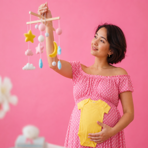 Femme enceinte tenant un mobile bébé et une grenouillère jaune, calendrier chinois de grossesse