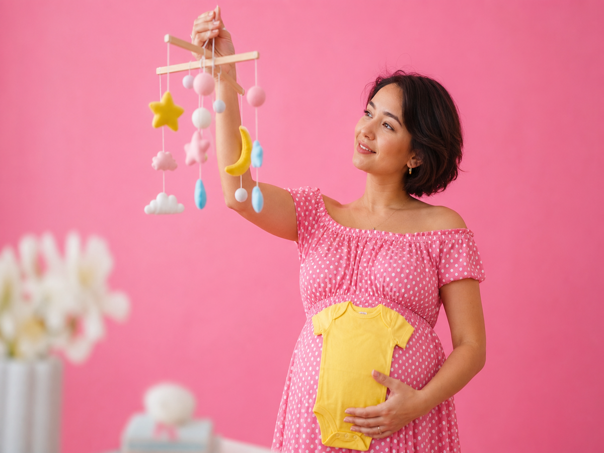 Femme enceinte tenant un mobile bébé et une grenouillère jaune, calendrier chinois de grossesse