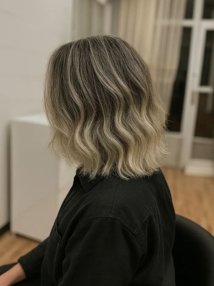 ombré hair pour femme mûre, cheveux mi-longs en carré, ondulations romantiques