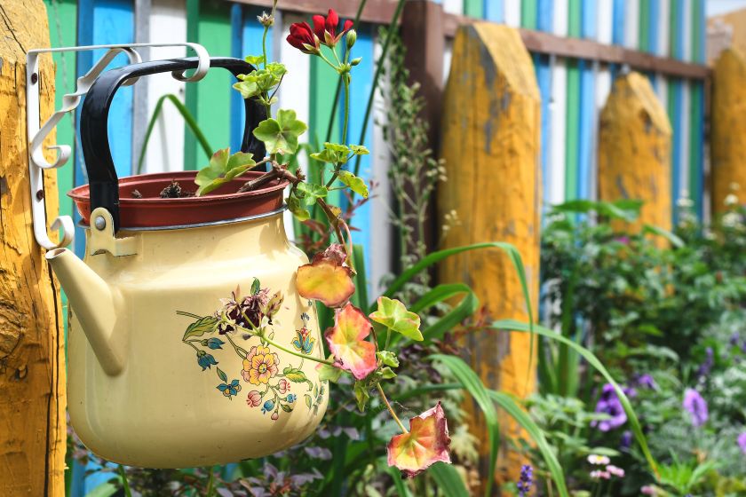 réutiliser une theière comme cache-pot au jardin