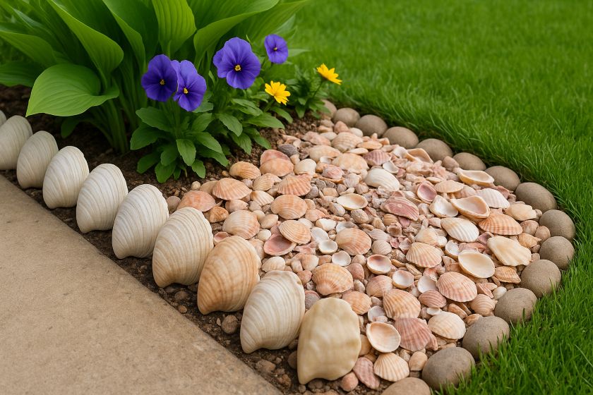 bordure de jardin originale en coquillages, aménagement créatif et original