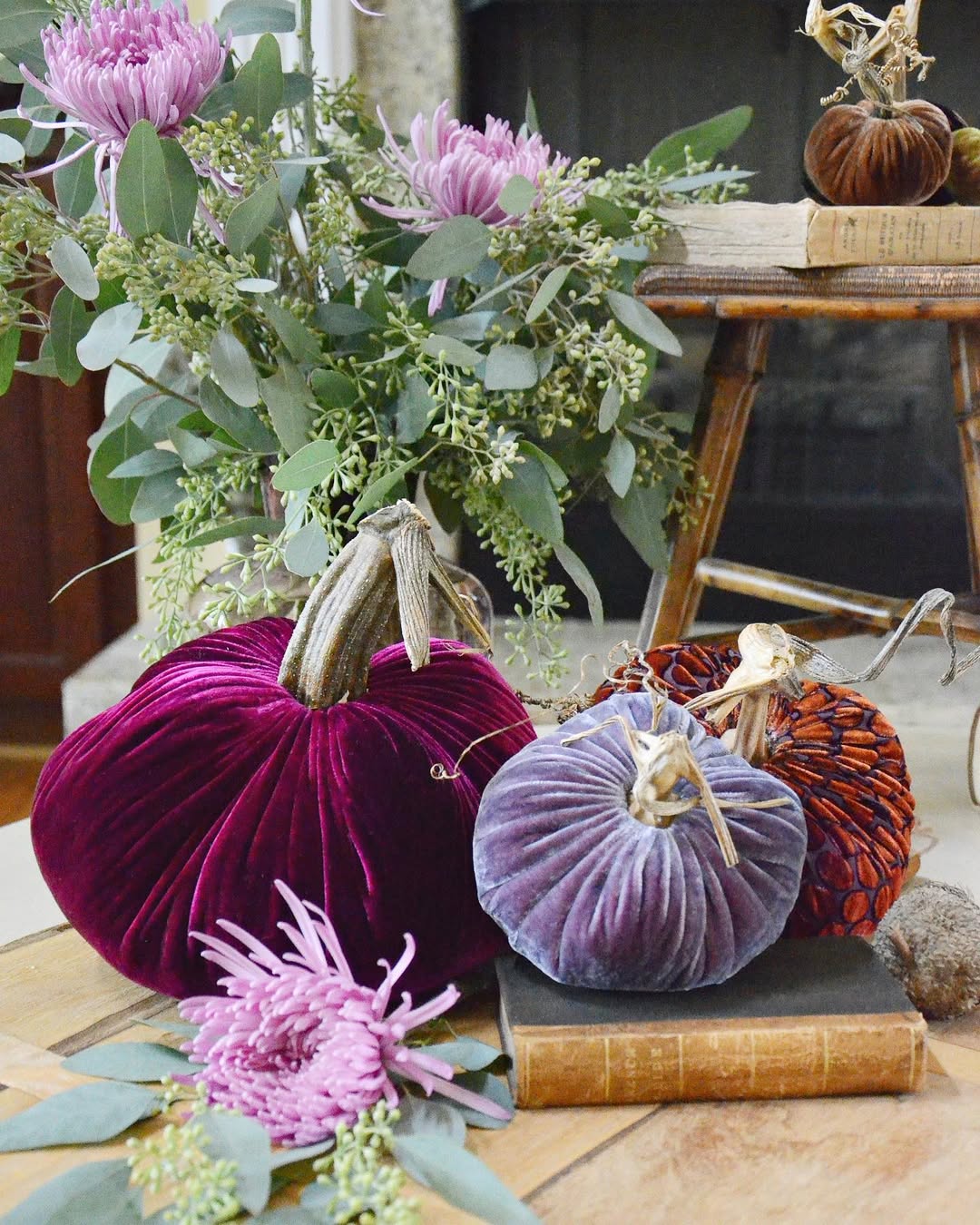 des citrouilles déco en velours de couleur pourpre