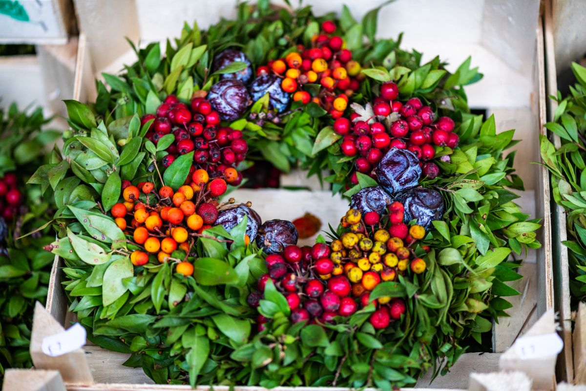 couronne automnale naturelle avec des feuillages cynorrhodons et baies de pyracantha et pommes de pin de cyprès
