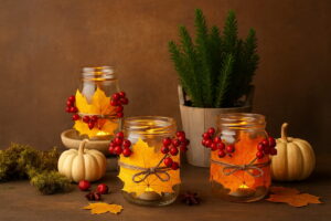 bricoler lanterne d'automne feuilles séchées pot en verre
