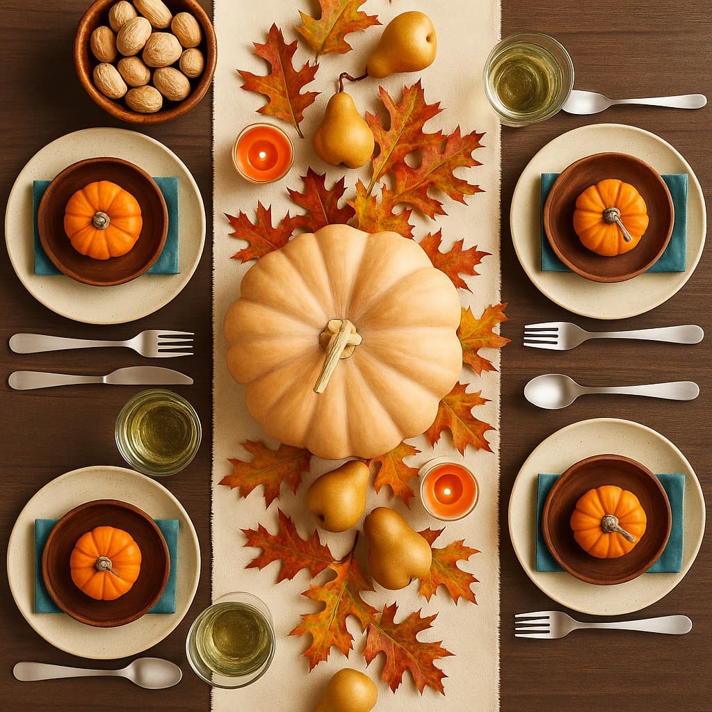 centre de table automnal feuilles séchées citrouilles poires noix