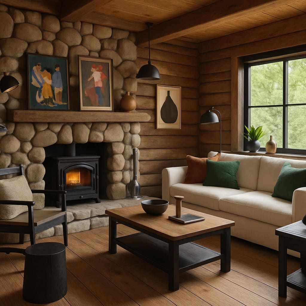 chalet de montagne salon mobilier à finition noire cheminée