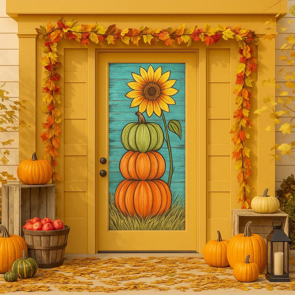 citrouilles décoration extérieure porte d'entrée automne guirlande de feuilles séchées