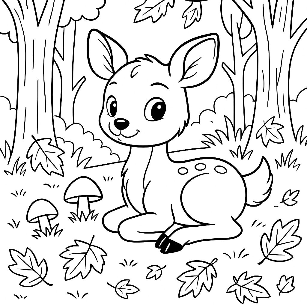 coloriage automne maternelle faon dans une forêt avec des feuilles et champignons