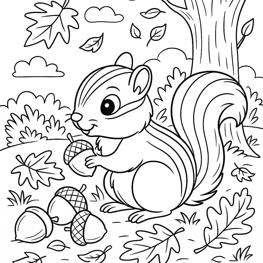 coloriage bébé écureuil ramassant des glands au fond de la forêt automnale