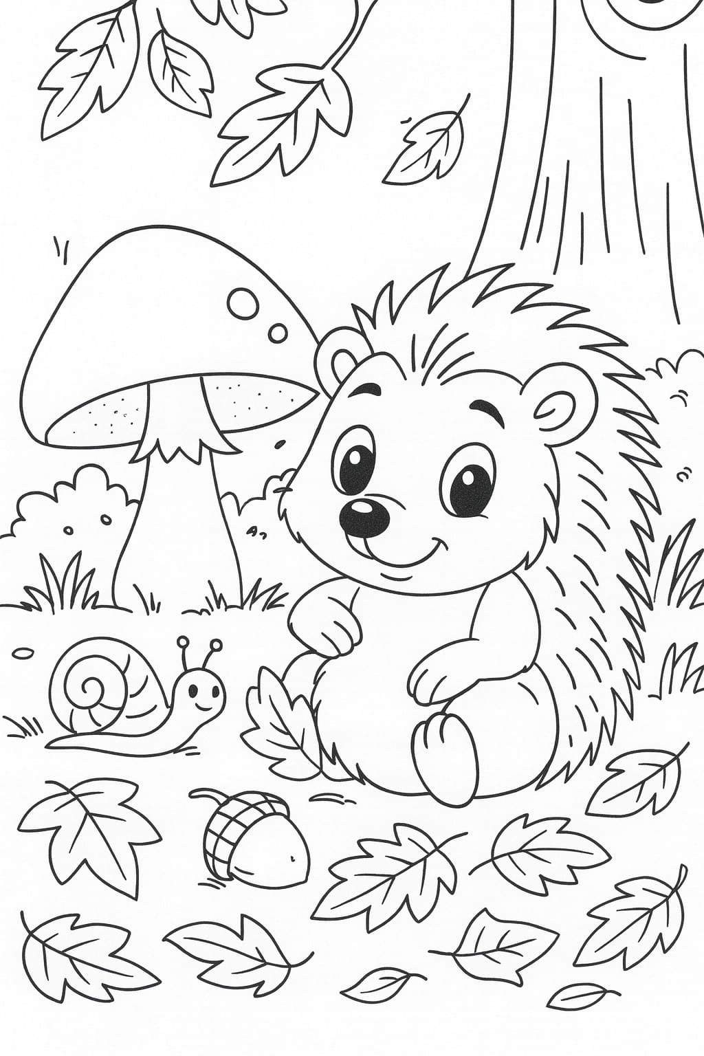 coloriage de scène automnale avec un hérisson un escargot et des feuilles automnales