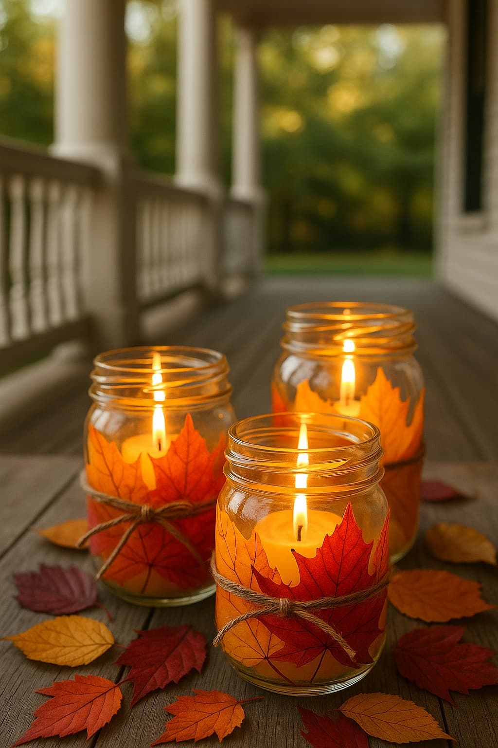 déco automnale extérieur lanterne pot en verre feuilles séchées bougies led