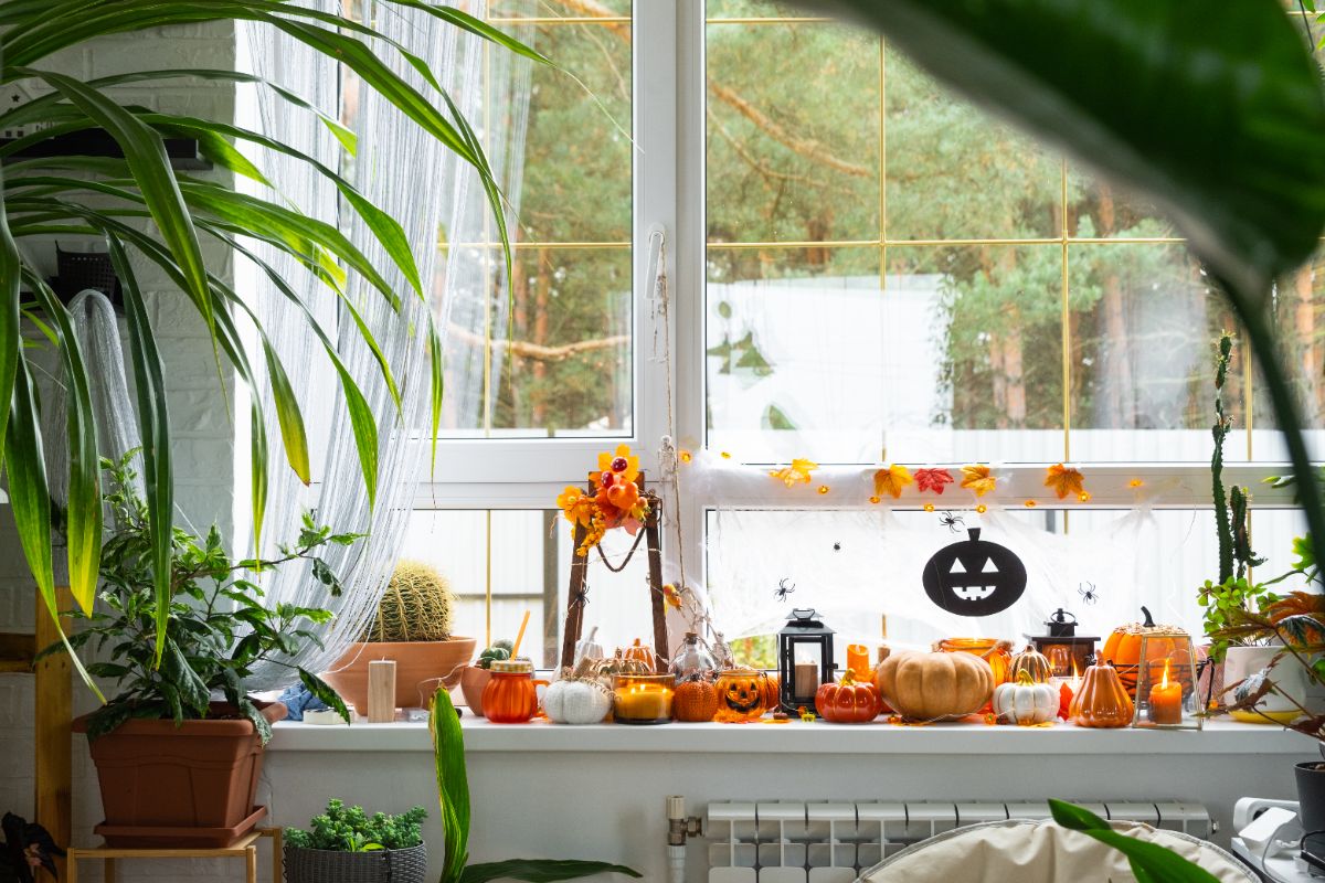 décoration lumineuse sur le rebord de fenêtre pour créer une ambiance chaleureuse en automne