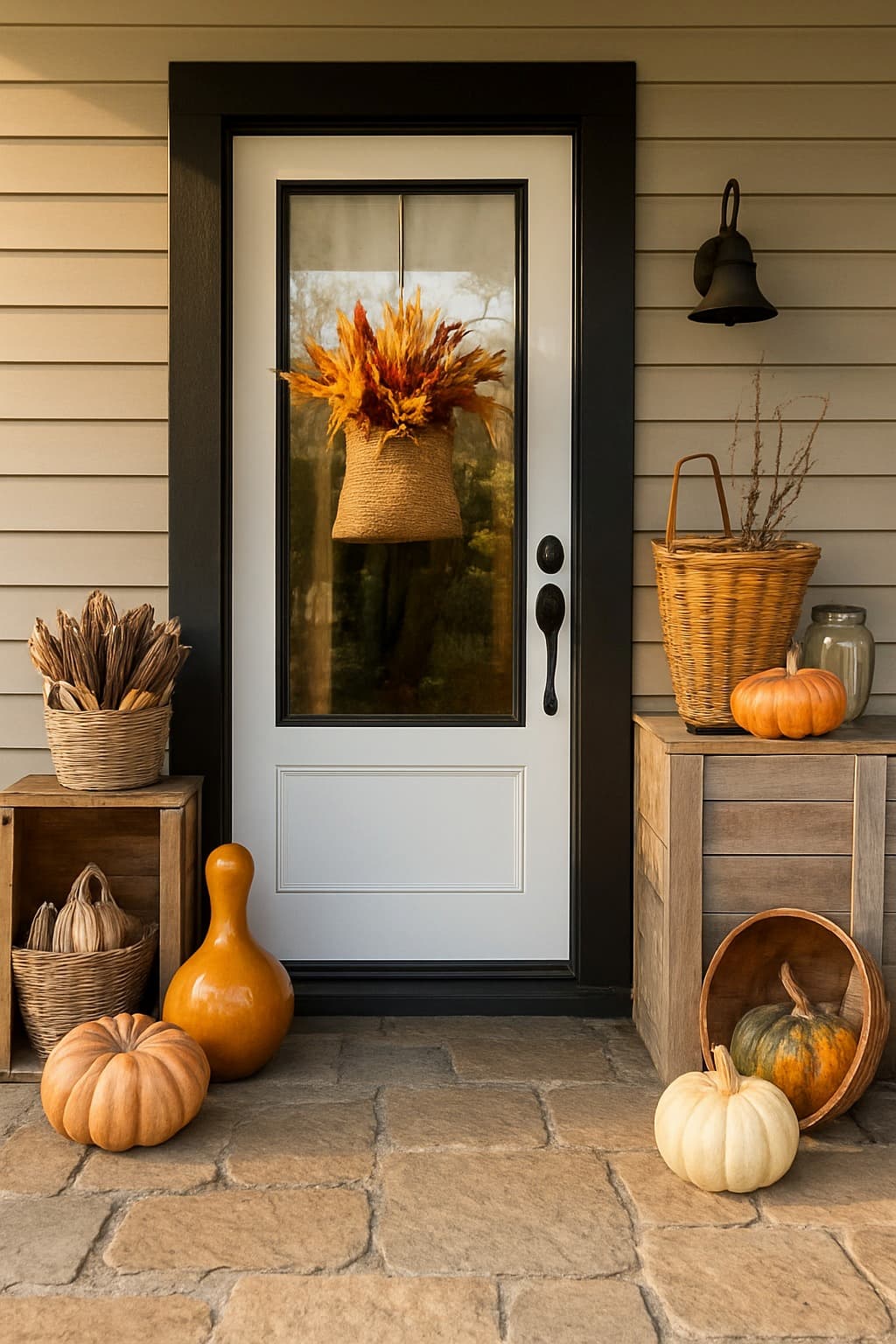 décoration porte d’entrée automne citrouilles corbeilles sac de jute