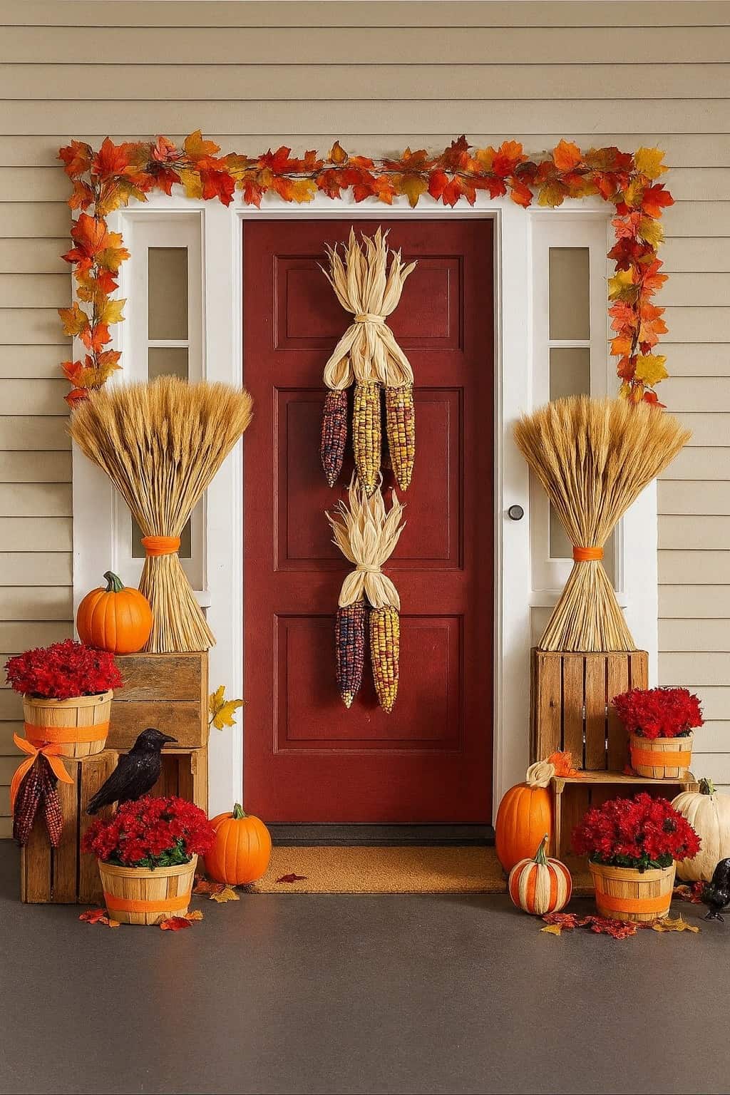 décoration rustique porte automne épis de maïs citrouilles feuilles séchées