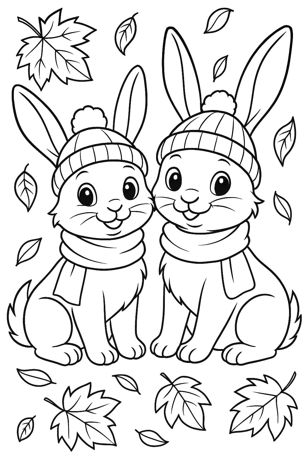 deux lapins dans la forêt automnale en tant que coloriage pour petits enfants