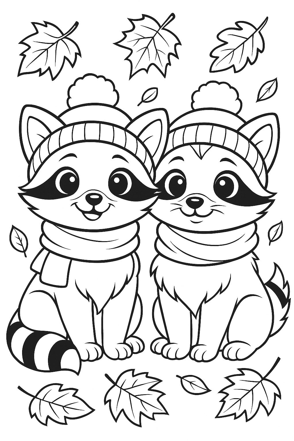 deux ratons laveurs avec chapeaux et écharpes dans la forêt automnale en tant que coloriage maternelle