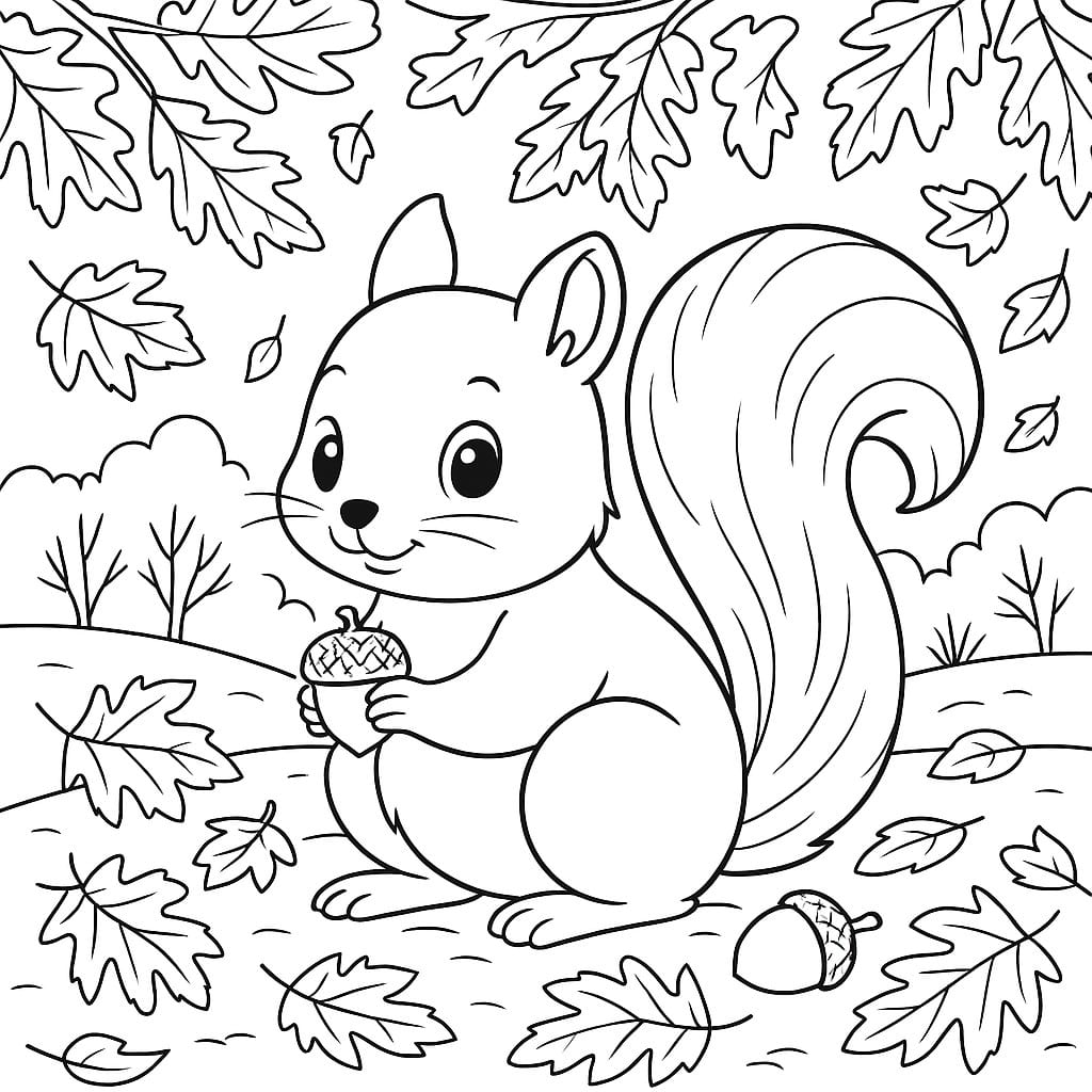feuilles automnales autour un écureuil en tant que dessin à colorier pour enfants