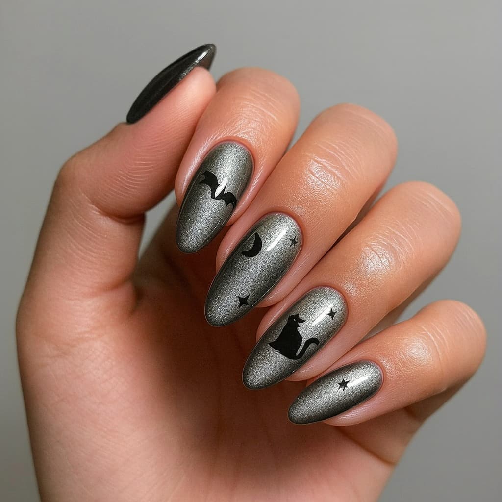 manucure Halloween ongles longs vernis gris dessins chat souve-souris