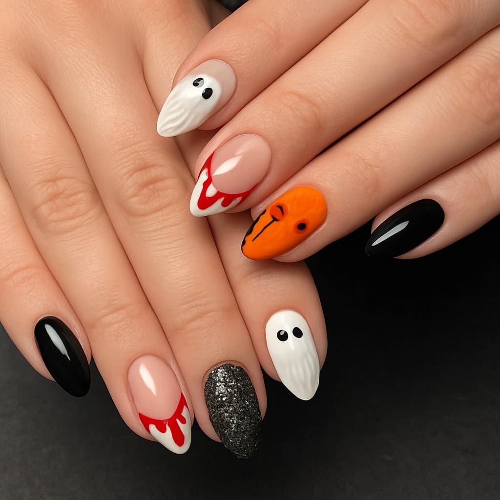 manucure maison Halloween design simple et chic en blanc noir et orange