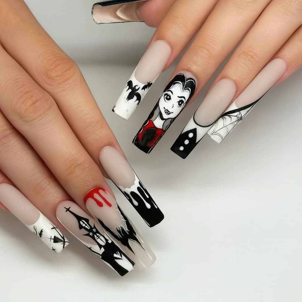ongles 2025 halloween motif séries wednesday