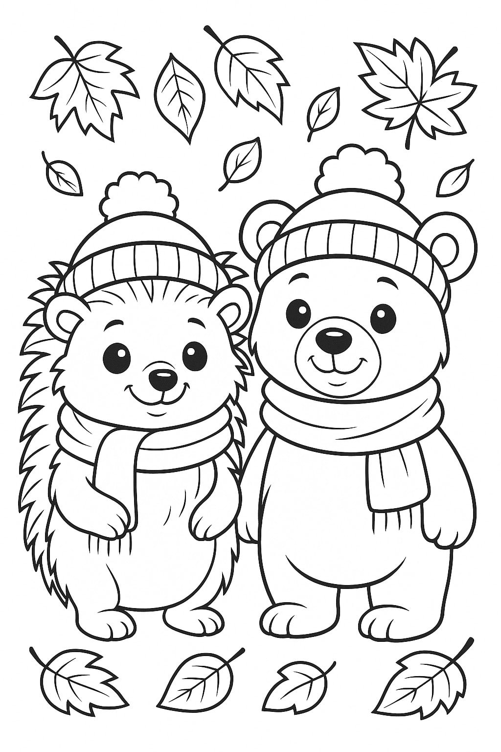ourson et hérisson à colorier en automne avec les enfants de la maternelle