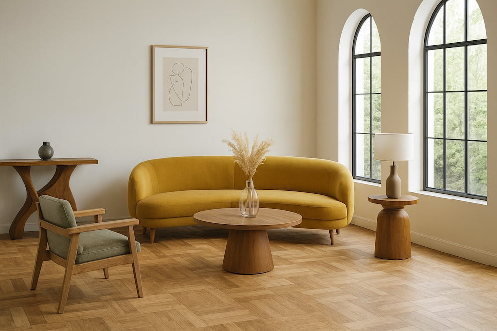 parquet à motifs damier salon élégant canapé jaune tendance 2025
