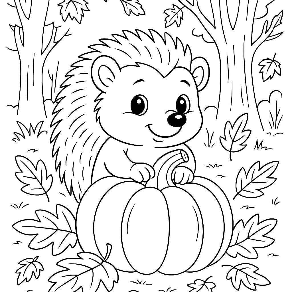 petit hérisson avec une citrouille et des feuilles automnales en tant que dessin à colorier pour petits enfants