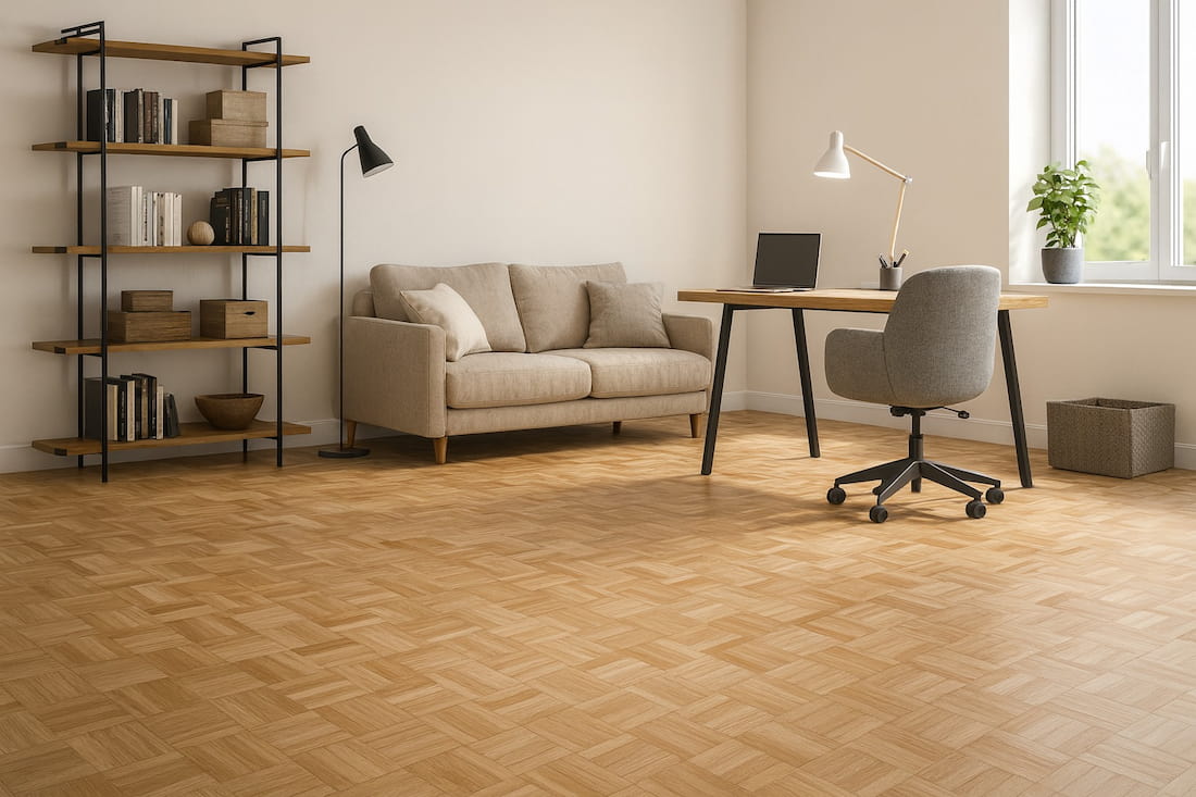 petite pièce avec coin bureau parquet à motifs damier