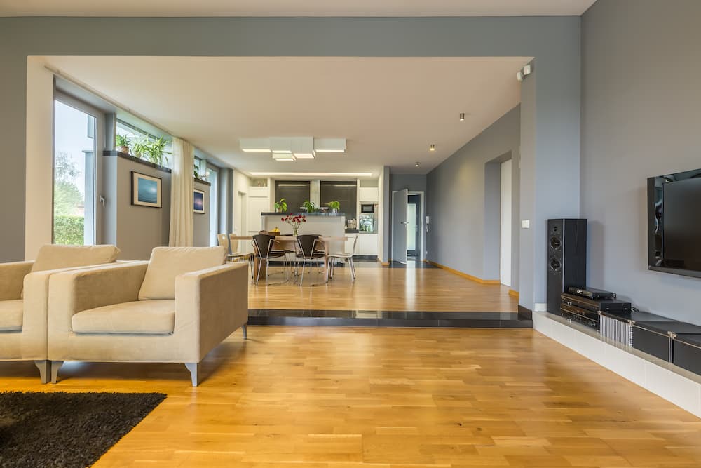 salon avec salle à manger parquet en bois tendance 2025