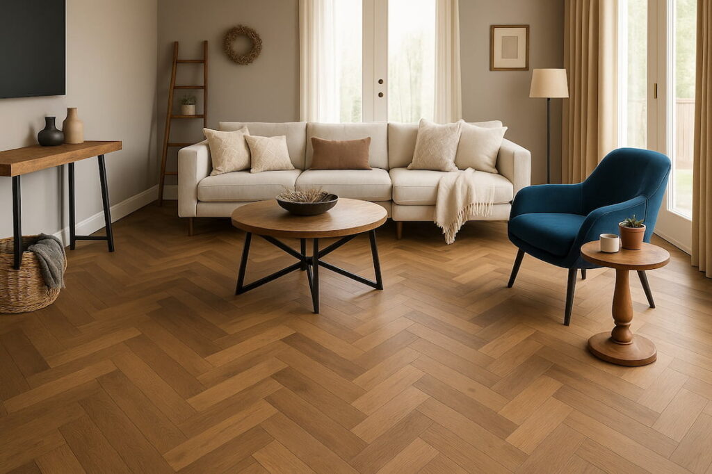 salon moderne parquet à motifs canapé blanc crème table ronde