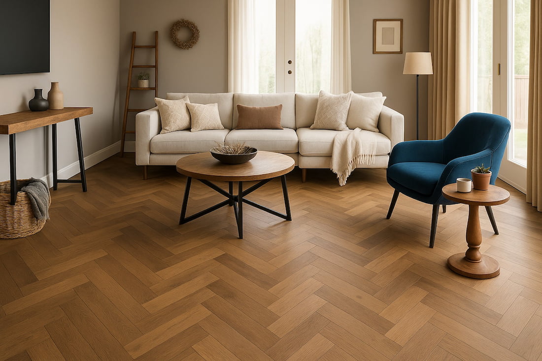 salon moderne parquet à motifs canapé blanc crème table ronde