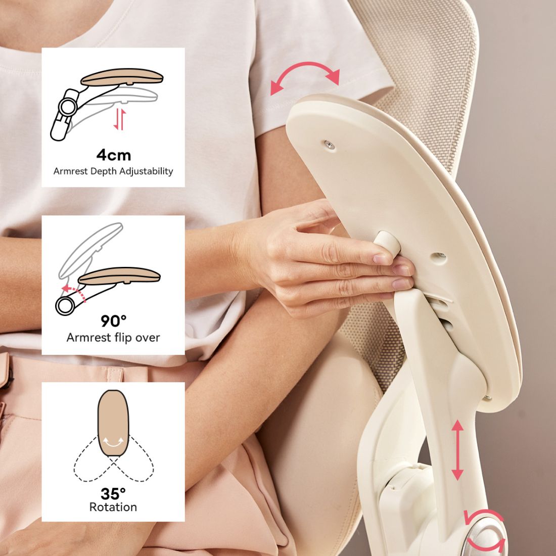 système accoudoirs réglables en hauteur et pivotants permettant de trouver un angle idéal