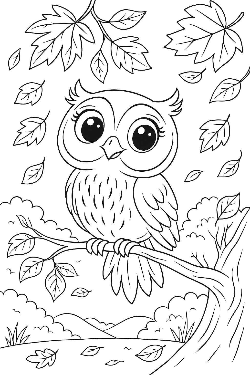 un hibou mignon perché sur un arbre et entouré de feuilles automnales