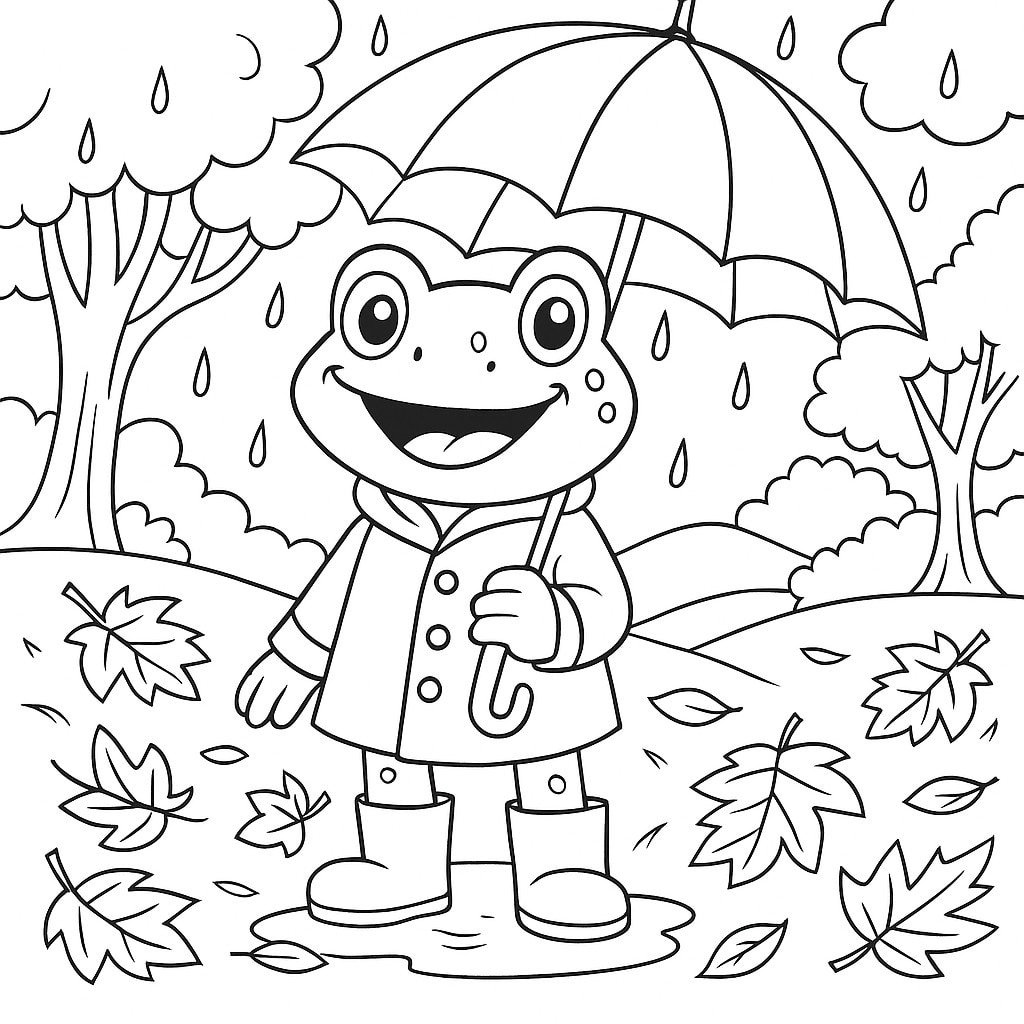 une grenouille avec un parapluie et un paysage pluvieux automnal en tant que coloriage maternelle